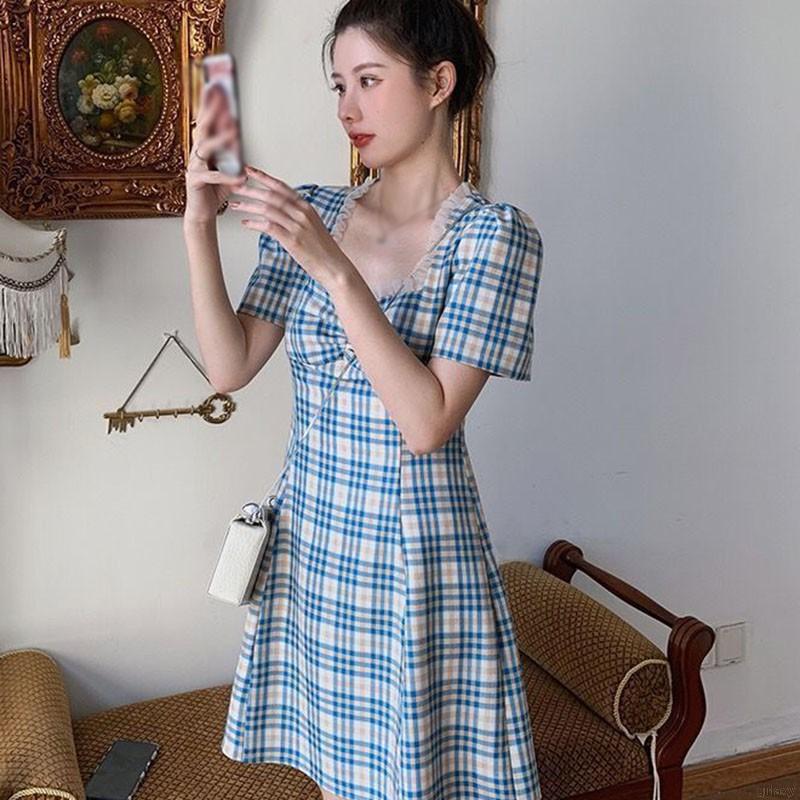 Đầm Tay Ngắn Sọc Ca Rô Thời Trang Cổ Điển Dành Cho Nữ