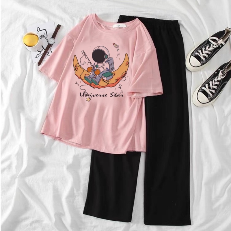 Set bộ quần xuông mix áo thun tay lỡ dáng rộng unisex - phi hành gia