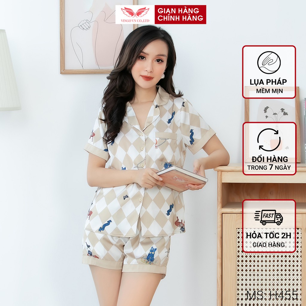 Đồ bộ nữ Pijama lụa Pháp VINGO tay cộc quần cộc mặc nhà mùa Hè họa tiết Mèo Vương Miện kẻ caro vàng dễ thương H455 VNGO