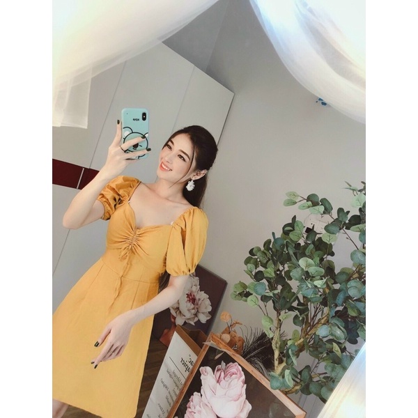 Đầm xoè rút dây ngực tay phồng siêu cưng-hình thật.