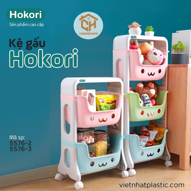Kệ Gấu Hokori Việt Nhật Đựng Đồ Đa Năng - Kệ Nhựa Hình Gấu 2,3 Tầng Có Bánh Xe Di Chuyển Tiện Lợi Cam Homeware