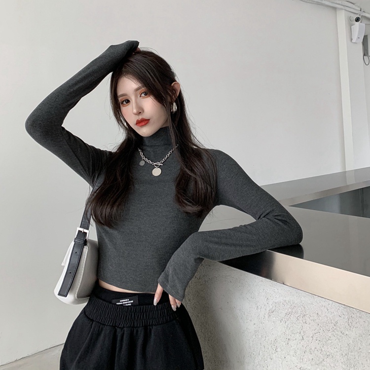 QKOOLE  Áo thun cổ cao dài tay màu trơn phong cách Hàn Quốc thời trang cho nữ