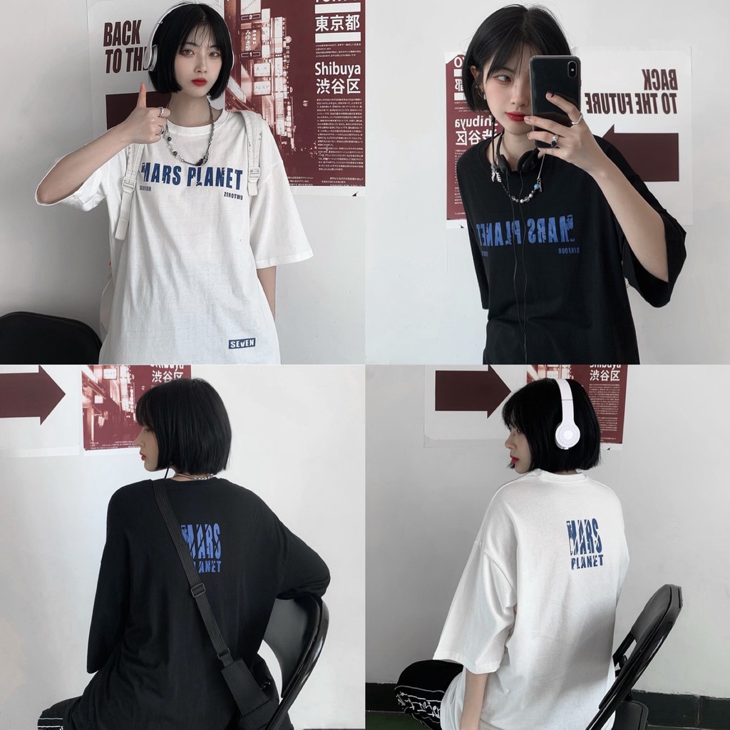 Áo thun Mars NHẬT MINH chất cotton co dãn 4 chiều 2 màu Đen, Trắng, from rộng tay lỡ unisex, in trước sau