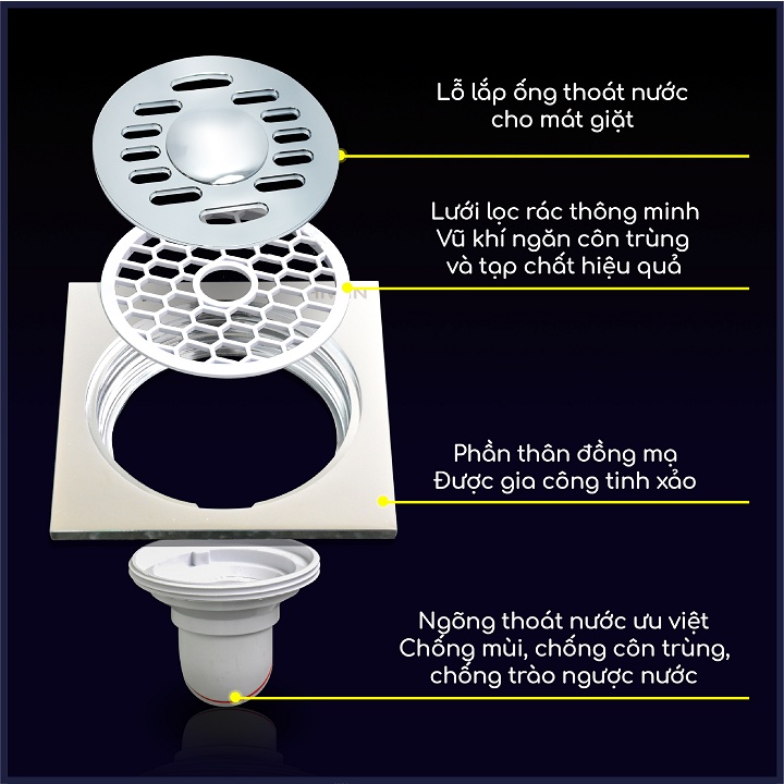 Phễu thoát sàn máy giặt ngăn mùi hôi thoát nước nhanh đồng mạ crom kích thước 100x100mm HIWIN FD-1101WH