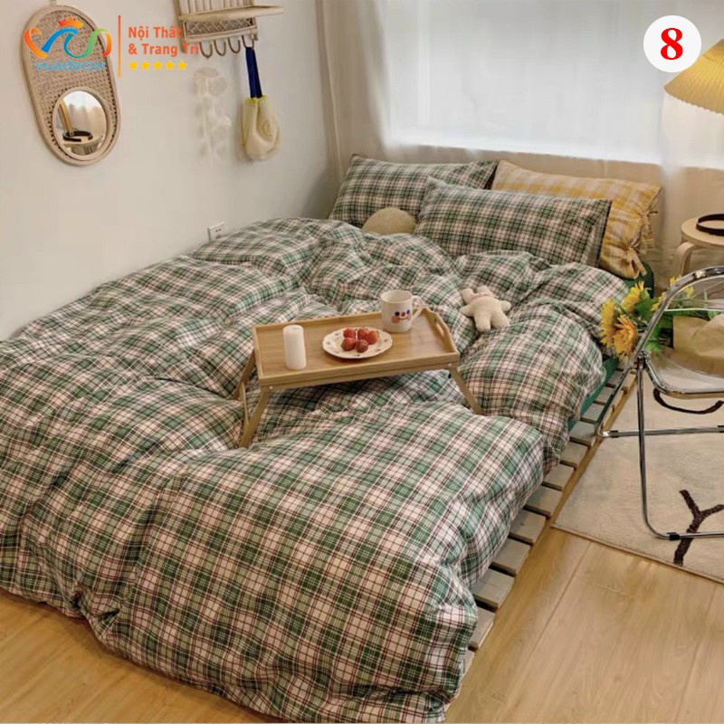 Set vỏ chăn ga gối cotton VUADECOR họa tiết kẻ caro trang trí, decor phòng ngủ phong cách Hàn Quốc cao c