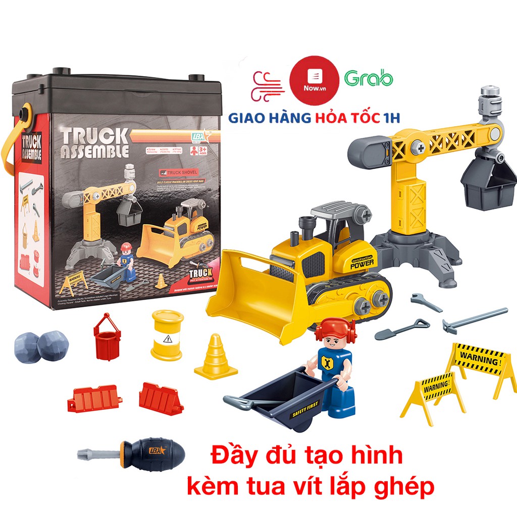 Đồ chơi lắp ghép xe ủi KAVY kèm tua vít cần trục nâng hàng, công nhân, sticker có hộp đựng