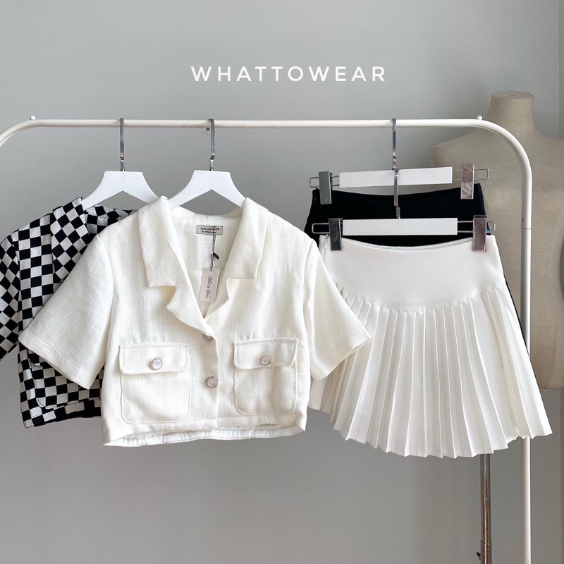 [SALE Xa Kho] Áo Blazer croptop tay ngăn cài nút vải tweed và bố 2 màu