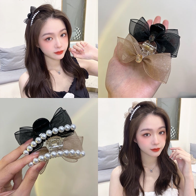 Kẹp tóc nơ lưới đính đá đính ngọc dễ thương, kẹp tóc mái sau đầu cho nữ phong cách Hàn Quốc