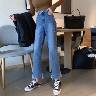 ORDER Quần Jeans ống rộng rách gấu