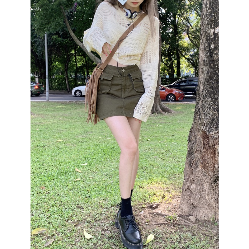 Cocory vn Set Áo Len Tay Dài Phối Chân váy jean Thời Trang Cho Nữ