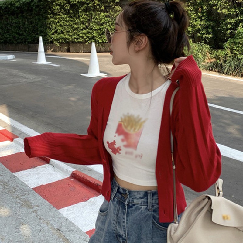 Áo Croptop Dệt Kim Tay Dài Cổ Chữ V Phong Cách Hàn Quốc