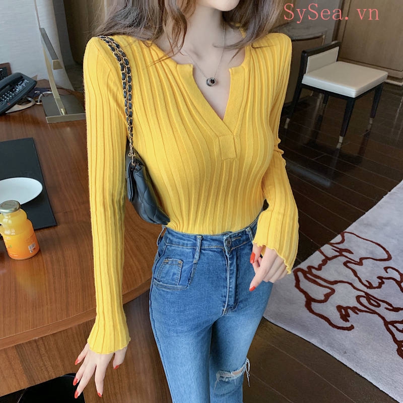 Áo Dệt Kim Nữ Tay Dài Cổ Chữ V Gợi Cảm