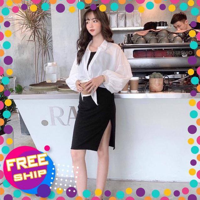 SALE 10.10 Video và ảnh thật - Set váy dây bún xẻ tà mix áo trắng mỏng xinh .