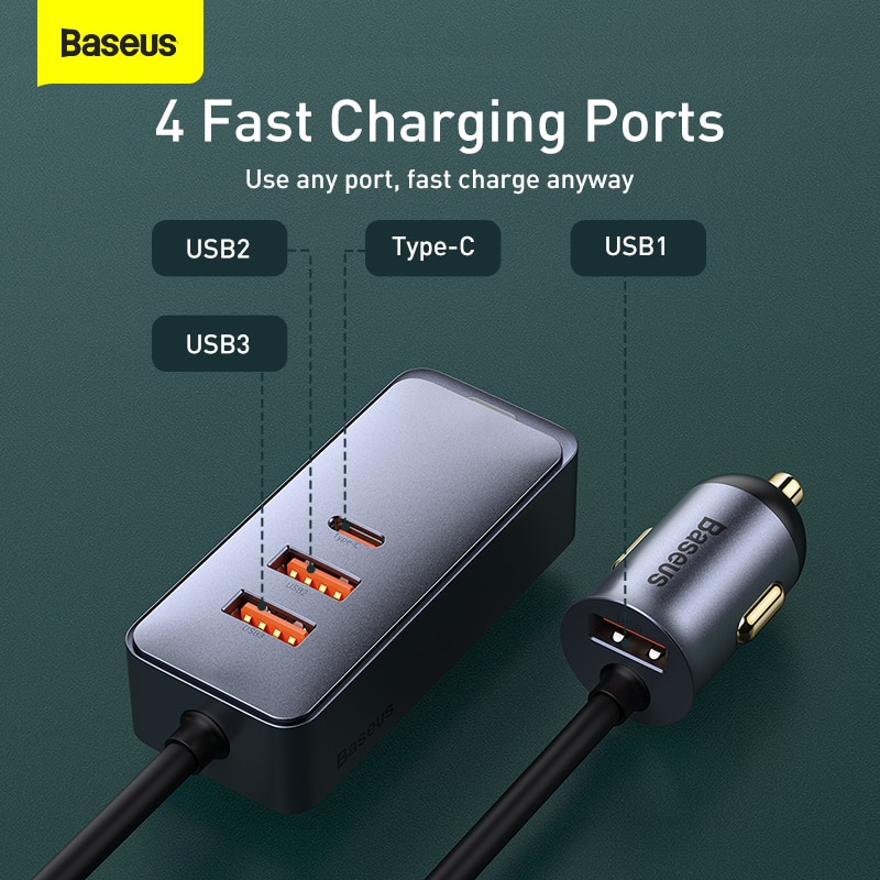 Baseus 4 Port 120W USB Car Charger Quick Charge PPS Fast Charging PD 20W Type C For iPhone