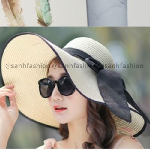 Mũ Cói Đi Biển Trơn Vành Rộng Viền Nơ Đen Hot Nhất Hè 2021 C01