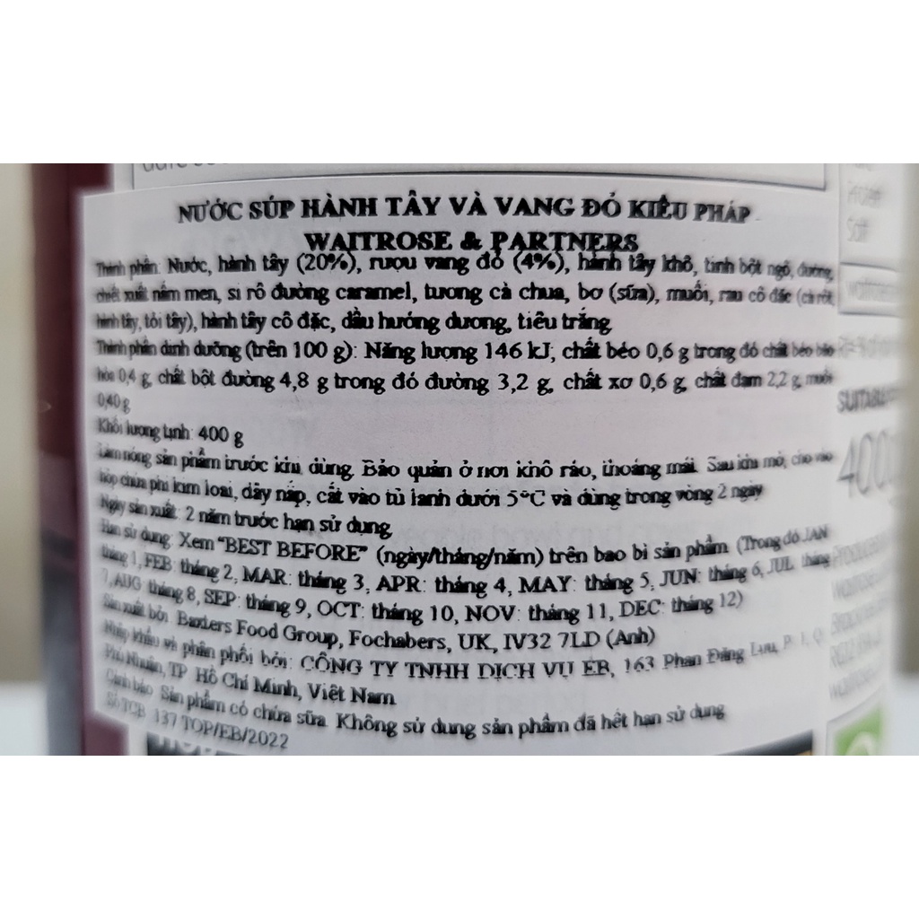 [Hộp 400g] SÚP HÀNH TÂY VÀ VANG ĐỎ KIỂU PHÁP [U.K] WAITROSE French Onion and Red W Soup (atp)