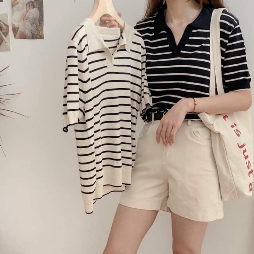 Áo Len Cổ Đức Kẻ Ngang Cộc Tay Chất Đẹp Phong Cách Hàn Quốc Mùa Thu - Hipsstore
