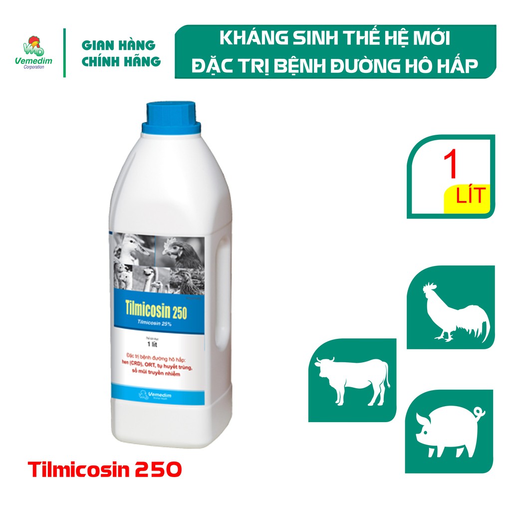 Vemedim Tilmicosin 250 Kháng sinh phòng hô hấp cho heo, bê, nghé, gà, chai 1lit