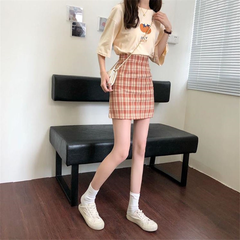 Chân váy lưng cao họa tiết sọc caro thời trang phong cách Hàn Quốc cho nữ