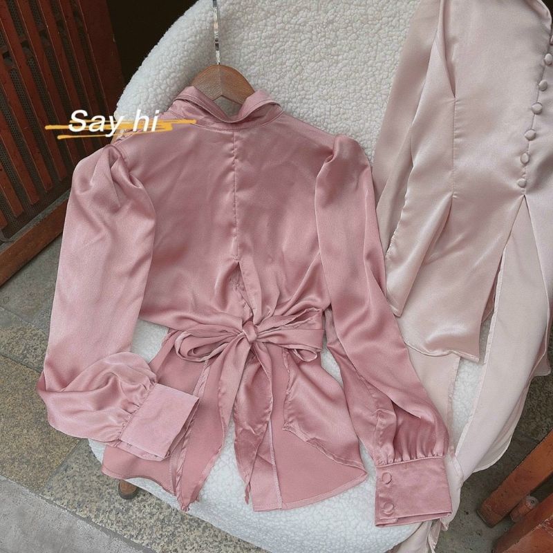 Áo sơ mi lụa nút bọc xẻ tà cột nơ lưng