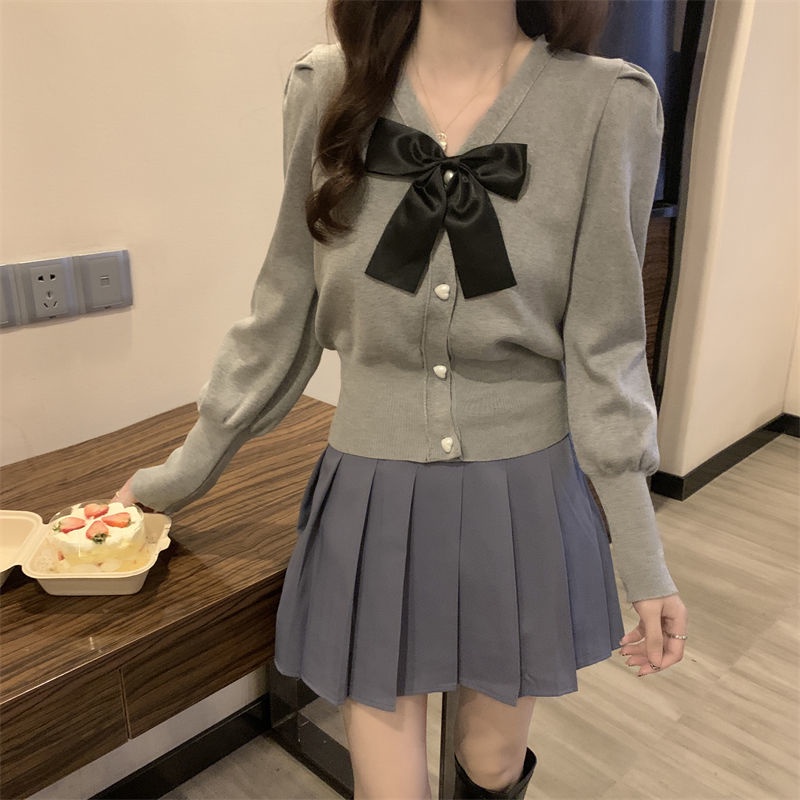 Áo dệt kim Pure Cube dáng rộng cổ chữ V đính nơ màu đen thời trang thanh lịch cho nữ
