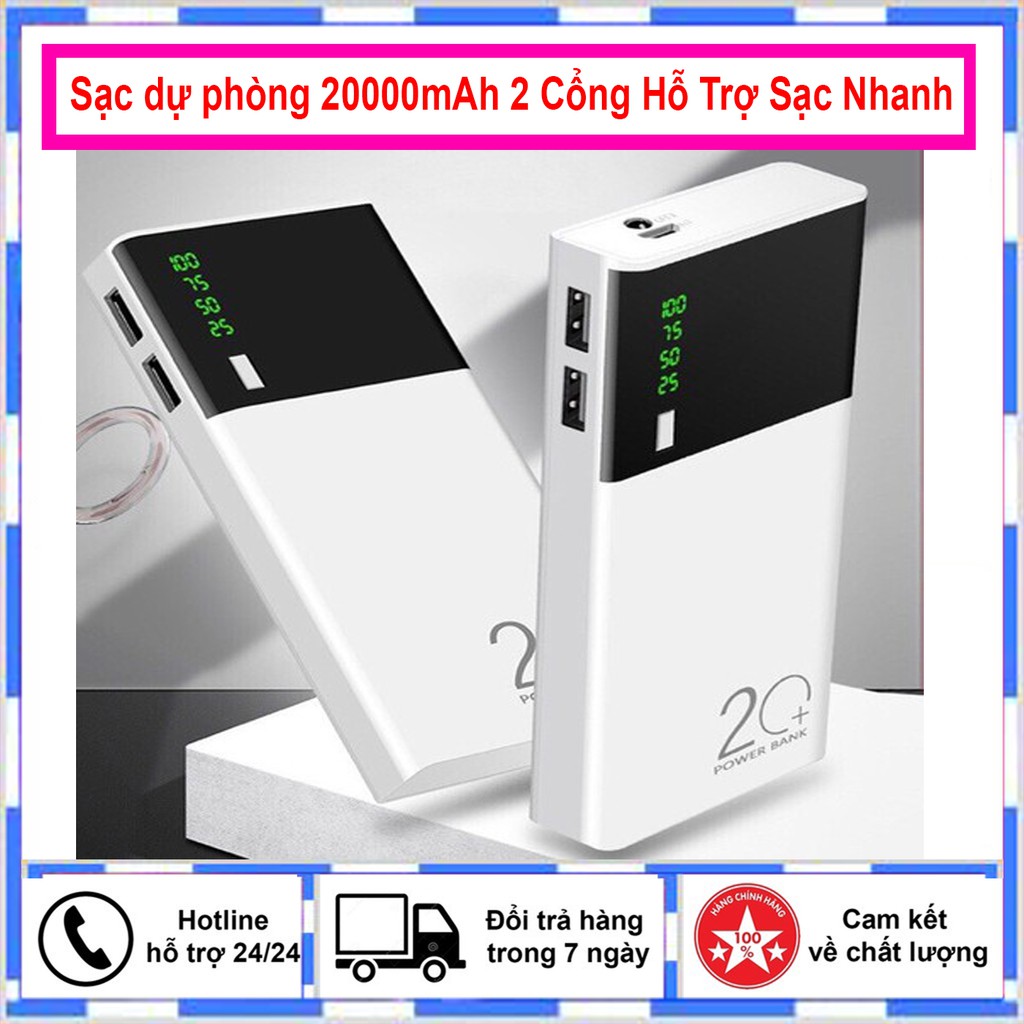 Sạc dự phòng 20000mAh 2 Cổng Hỗ Trợ Sạc Nhanh vỏ xanh