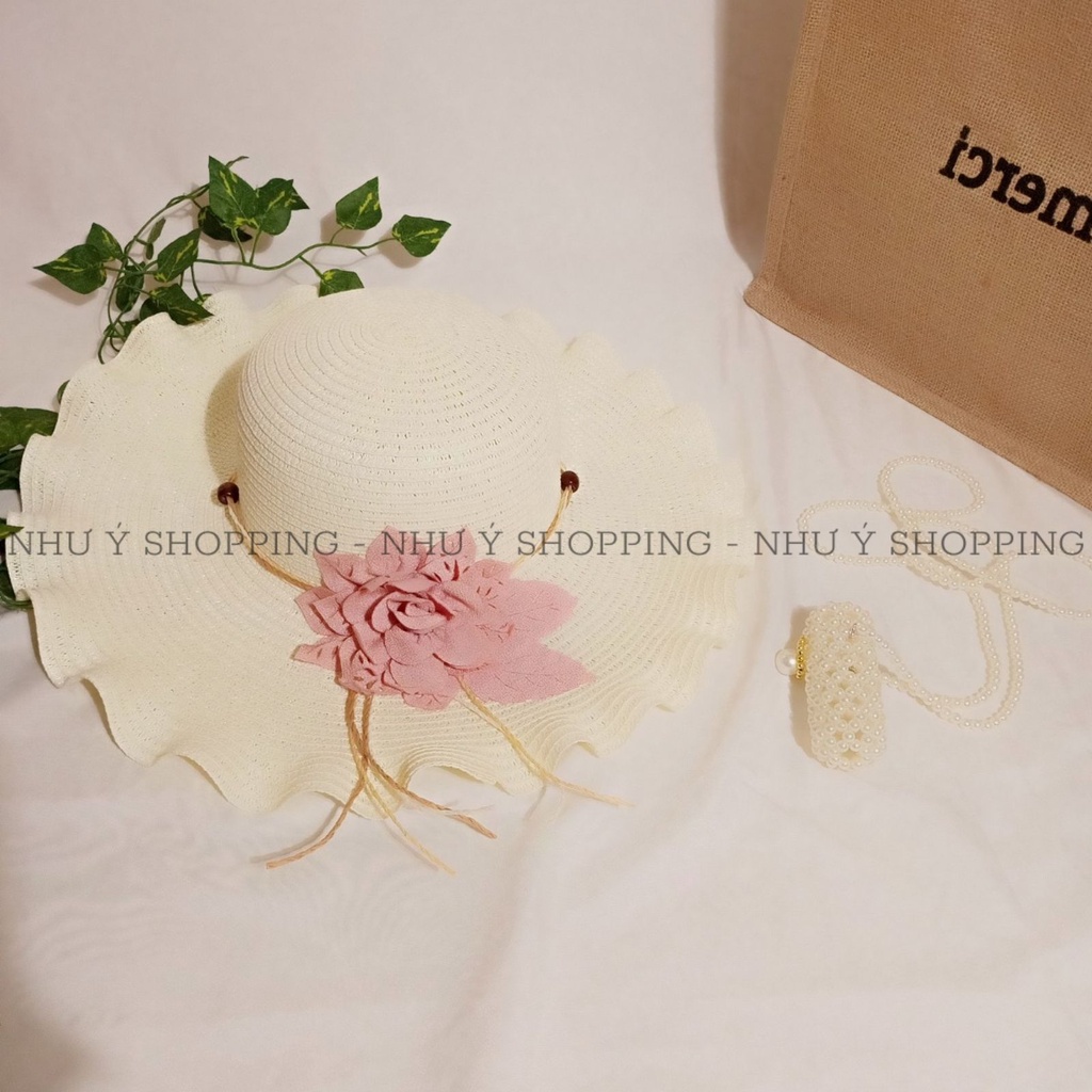 Nón cói,mũ cói nữ đi biển vành nhỏ gợn sóng mix hoa xinh đẹp mùa hè hình thật_gợn sóng nhỏ hoa lazer