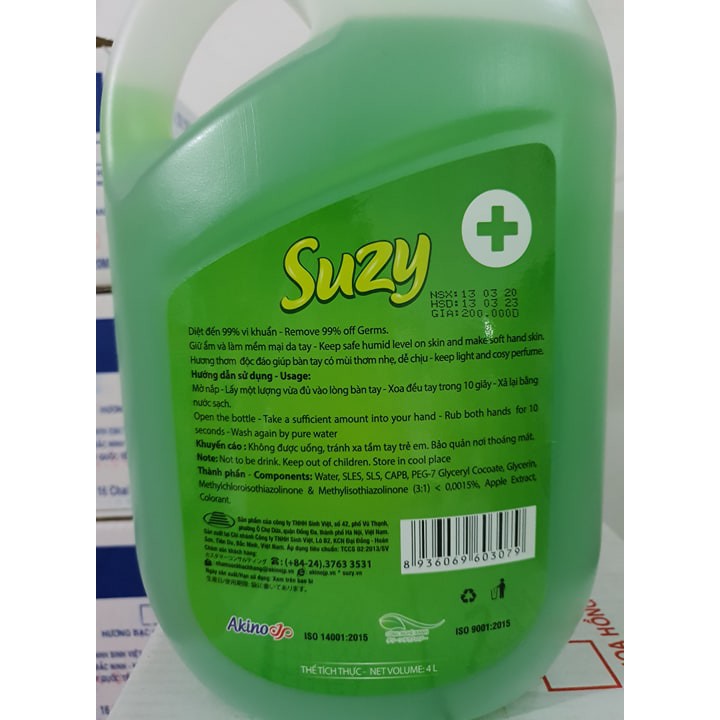 Nước rửa tay DIỆT KHUẨN SUZY 4L - thành phần HỮU CƠ, chất lượng NHẬT BẢN