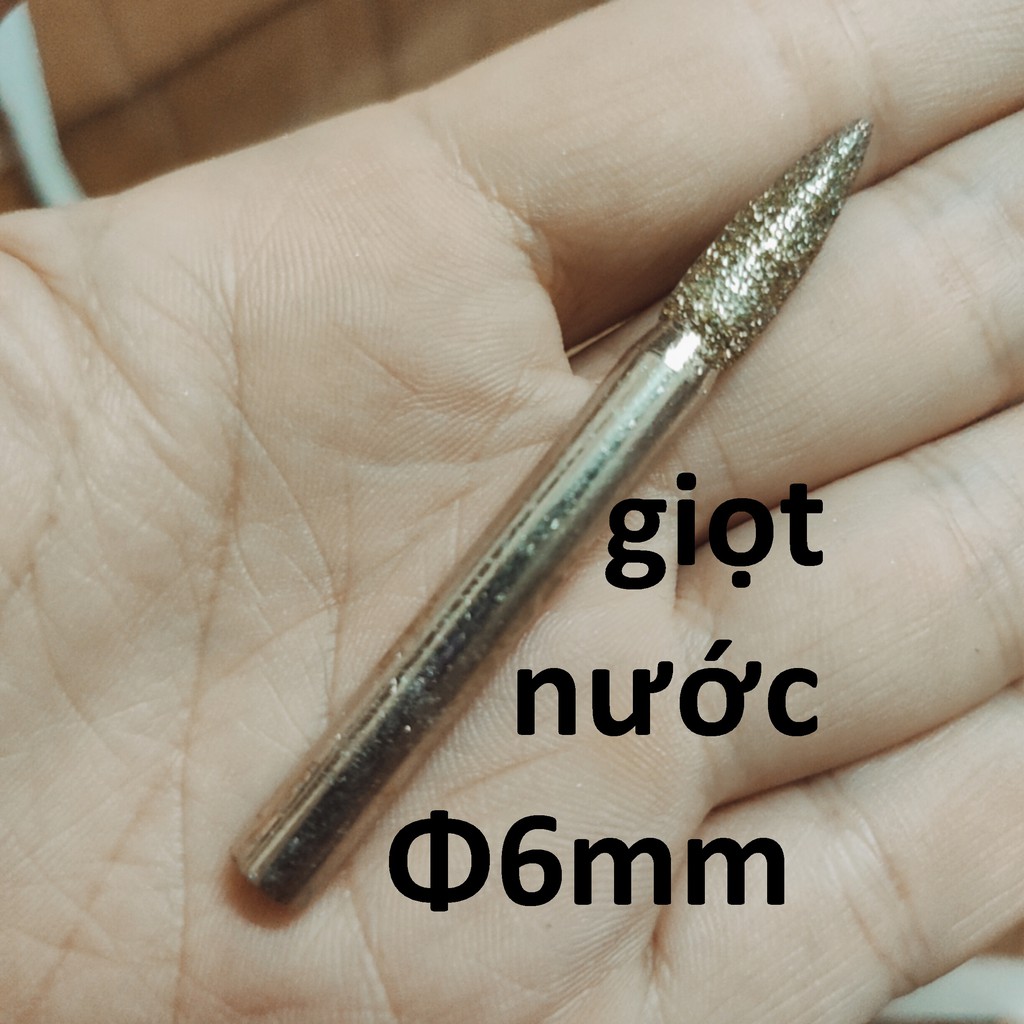 Mũi mài kim cương, mũi mài khắc đá, ngọc, hình giọt nước 6-8-10-12mm, cán 6mm