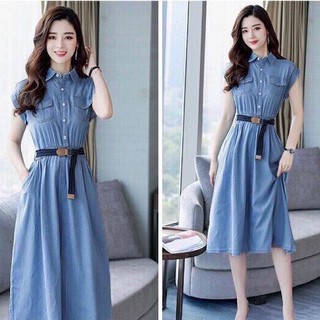 Váy Xoè Jean Cổ Sơ Mi 2 Túi