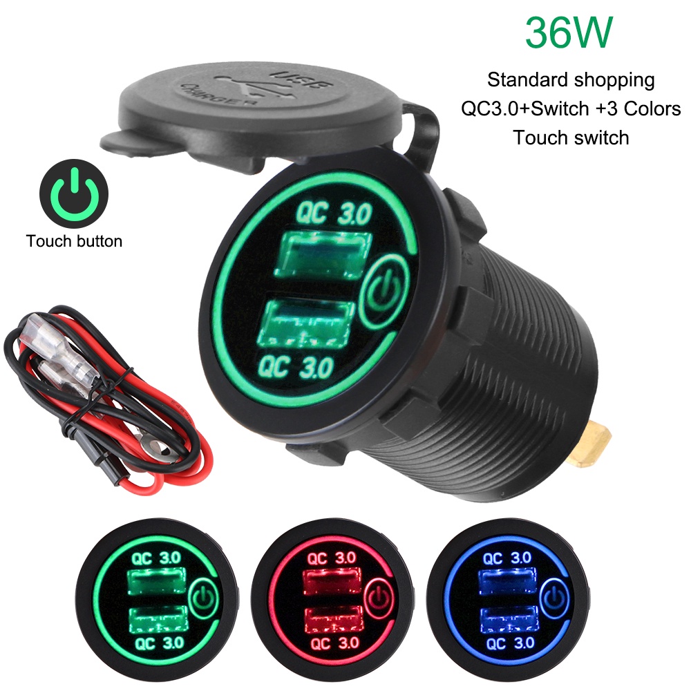 Củ sạc nhanh QC 3.0 36W 12V/24V tích hợp công tắc màn hình LED cho xe hơi/xe tải/xe máy