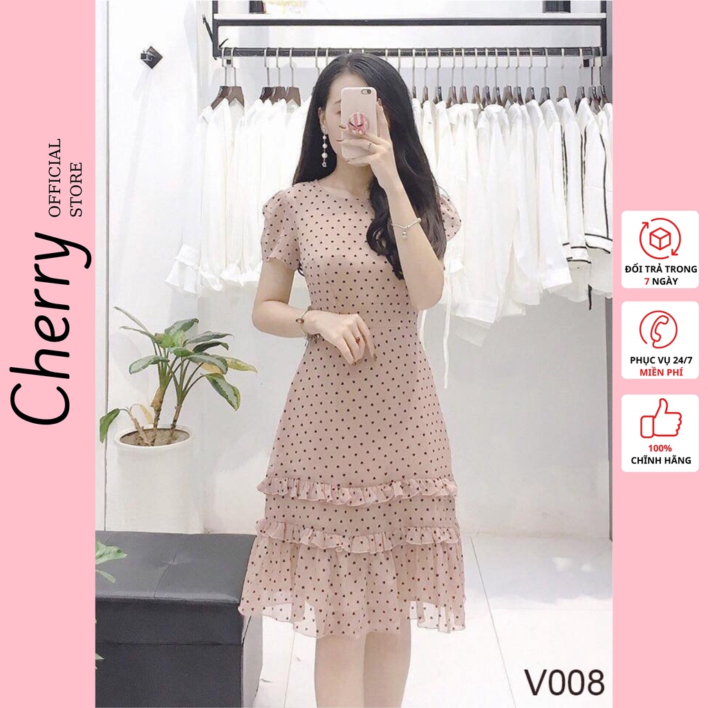 Váy nữ chấm bi nhỏ công sở, đầm thiết kế Hàn Quốc, màu nâu, chất tơ 2 lớp, dáng xuông siêu đẹp Cherry V008