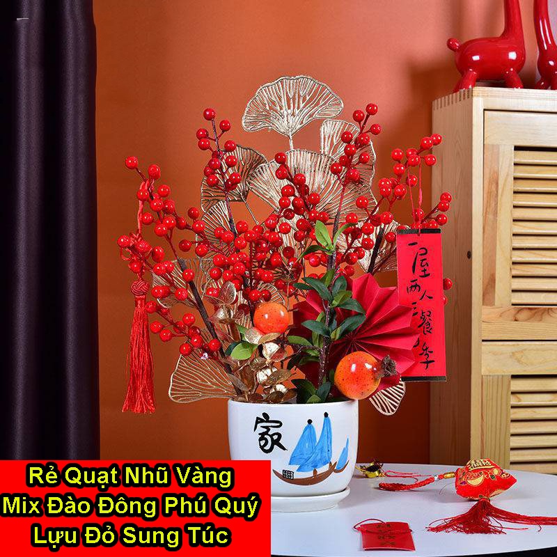 Cành Lựu Giả Cao Cấp Thân Gỗ - Size đại,Cành gồm 6 quả -Cây hoa giả cao cấp trang trí phòng khách ngày tết
