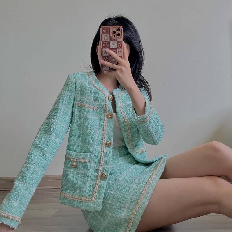 Set dạ tweed xanh