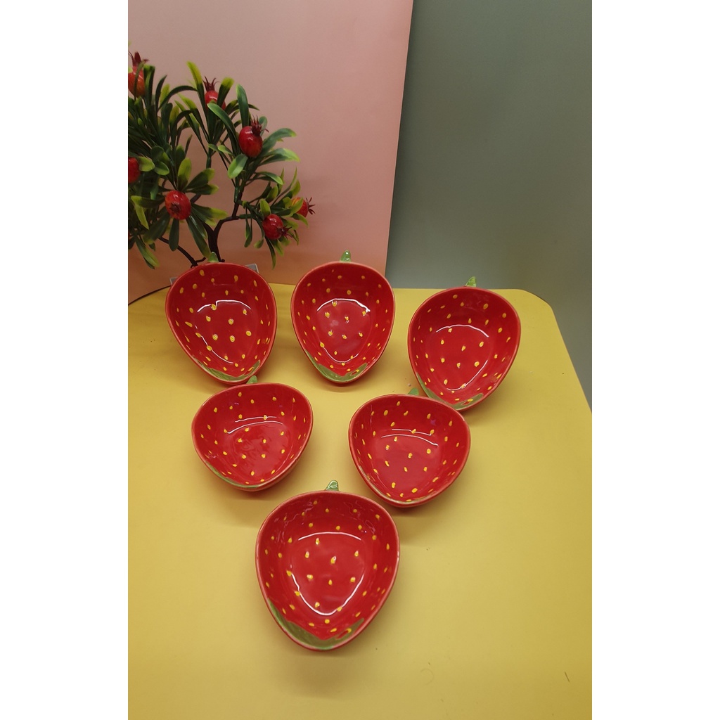 Bộ bát đĩa gốm sứ họa tiết dâu tây trang trí đồ ăn cho bé cực kỳ đáng yêu