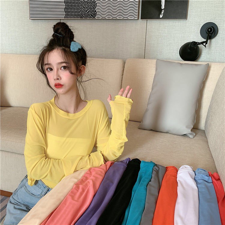 Áo Tay Dài Dáng Rộng Màu Trơn Phối Lưới Thời Trang Hè Phong Cách Hàn Quốc Cho Nữ