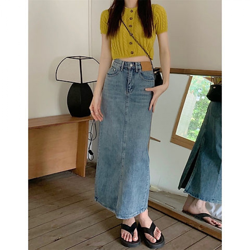 ANTUSON Chân váy jean Dài Lưng Cao Xẻ Tà Mẫu Mới 2023 Thời Trang Mùa Hè Cho Nữ