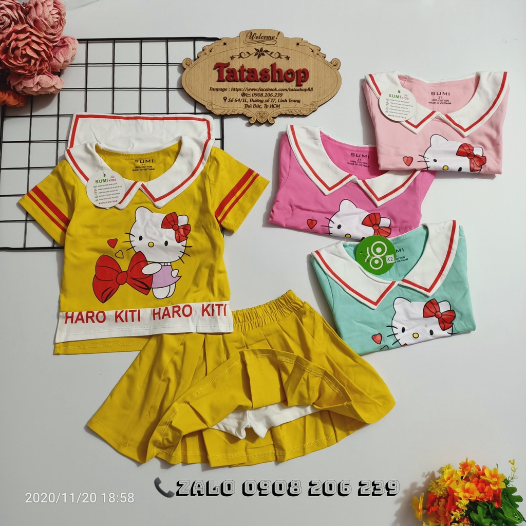 25 đến 38kg Set váy bé gái hình kitty dễ thương