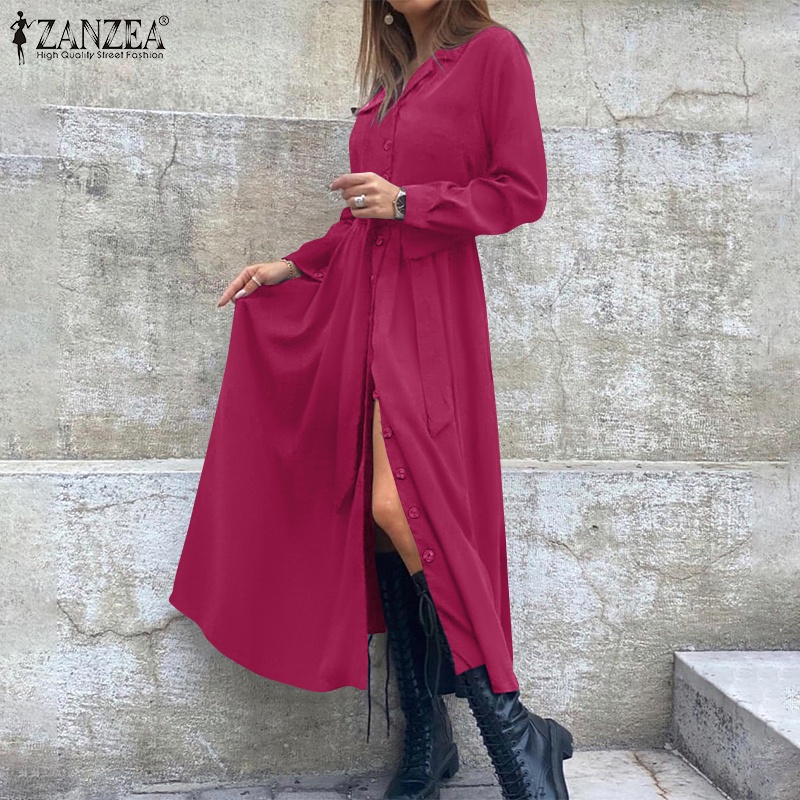 Đầm ZANZEA cổ áo gập xuống tay dài có dây thắt lưng và nút cài thời trang cho nữ