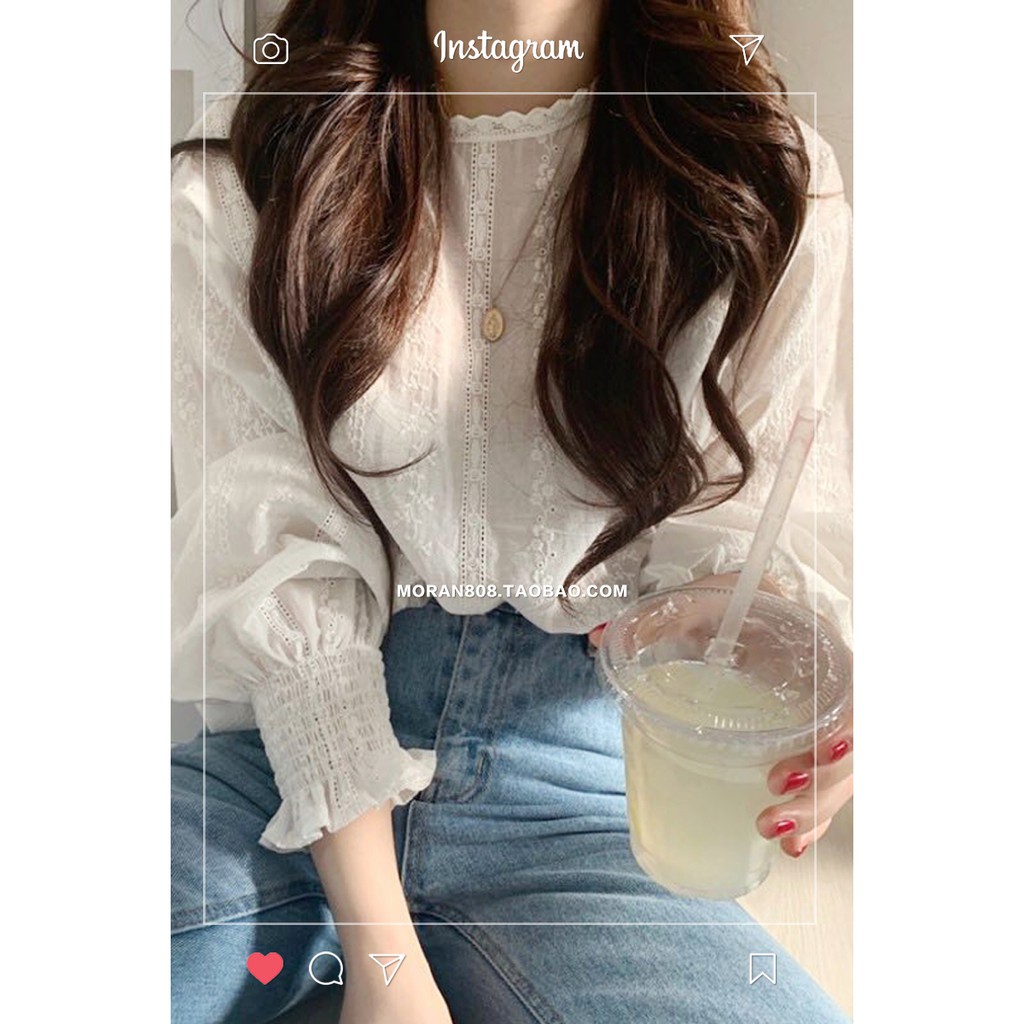 Áo sơ mi ren hoa trắng dài tay MORAN style tiểu thư vintage ngọt ngào