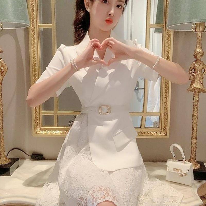 Đầm Trắng Phối Ren Nhấn Eo Cao Sang Trọng Thời Trang Mùa Hè Cho Nữ