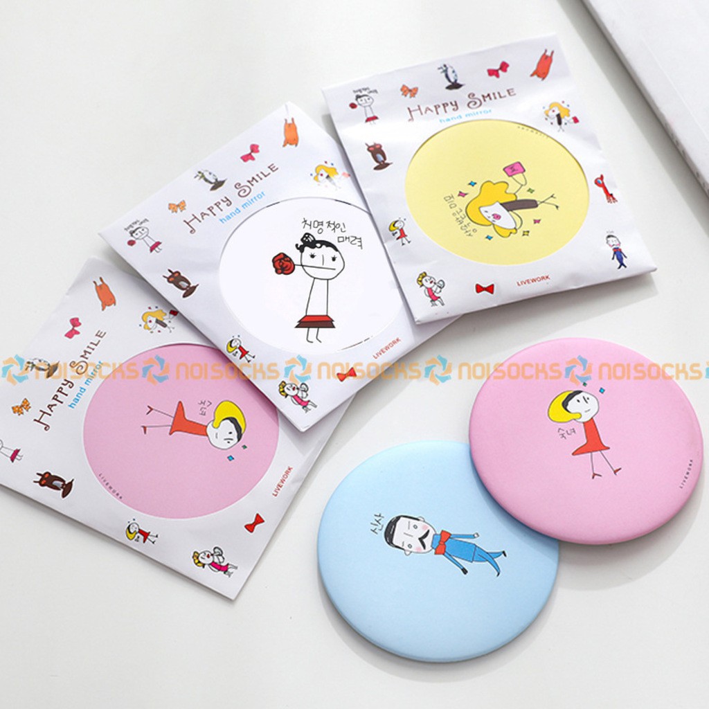 Gương trang điểm mini, gương tròn bỏ túi siêu cute Họa Tiết Hoạt Hình, nhiều mẫu, viền kim loại – Noisocks