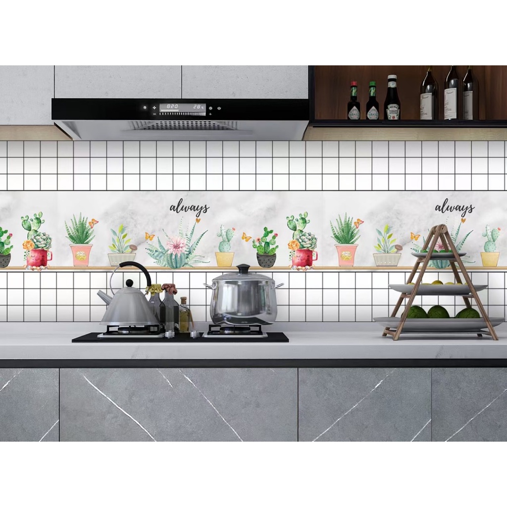 Decal tráng nhôm dán bếp ĐƯỜNG KẺ CHẬU HOA khổ 60cm có keo sẵn - giá bán 1 mét
