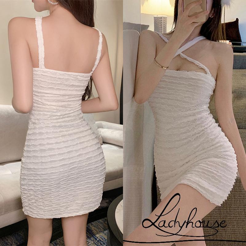 Đầm hai dây ôm dáng màu trơn hở lưng phong cách đơn giản cho nữ