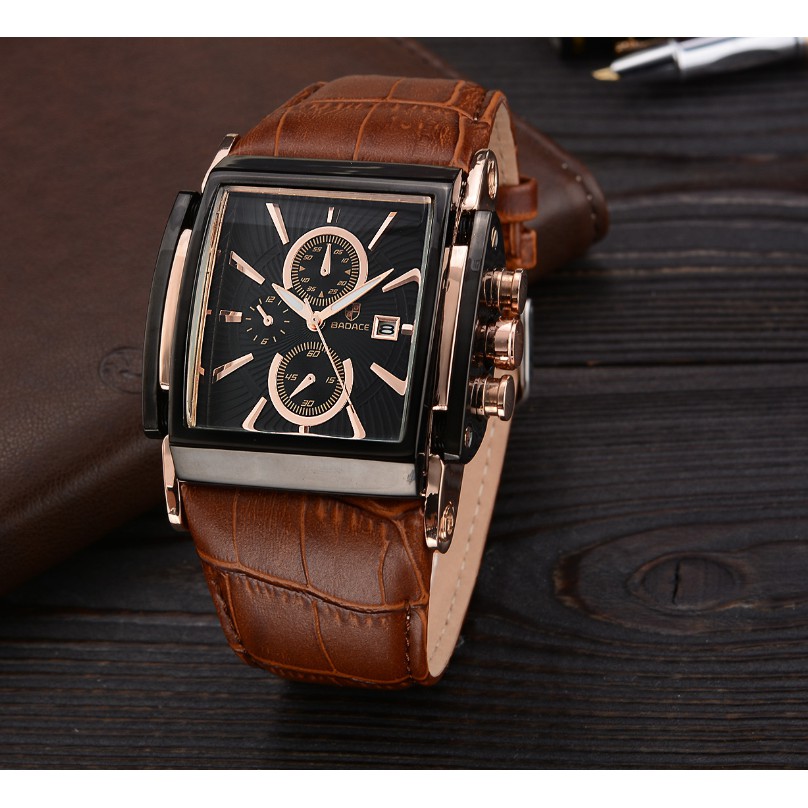 Đồng Hồ Nam Mặt Vuông Dây Da Cao Cấp - Đồng Hồ Nam BADACE Mặt Vuông Sang Trọng Đẳng Cấp
