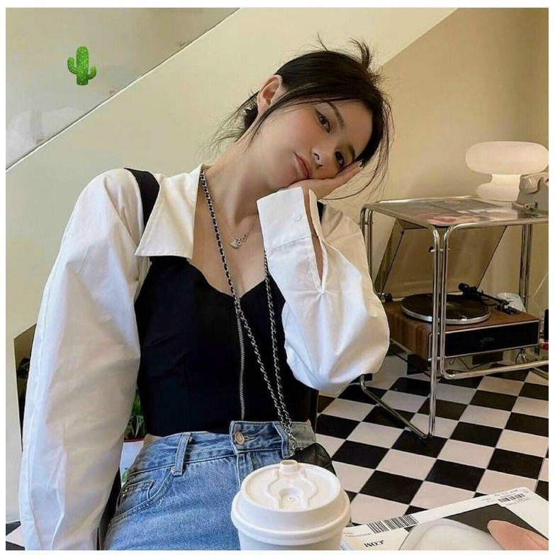 Áo sơ mi trắng khóa zip phối kiểu gile