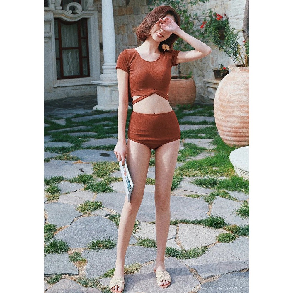 Bikini, đồ bơi Hai Mảnh Áo Croptop Quần Short Cam Đất Xinh Cho Ngày Hè R46