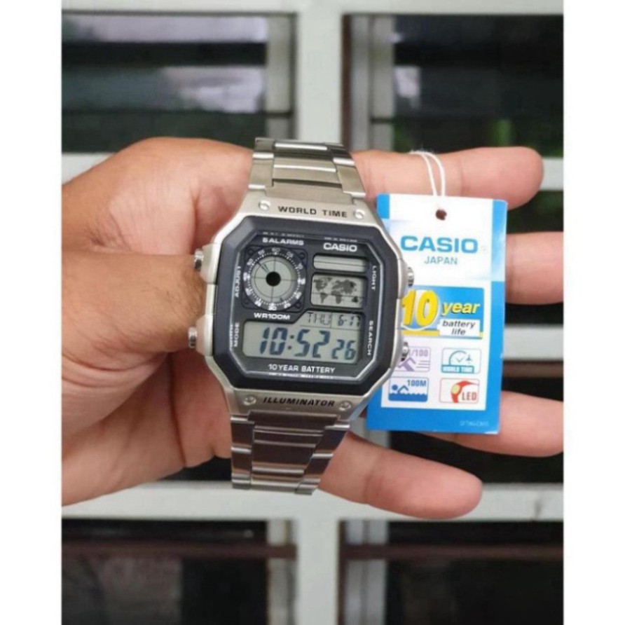 (Thẻ bảo hành 12 tháng) Đồng hồ nam Casio AE 1200-WHD classic chống nước , dây thép không gỉ (dây bạc mặt đen)