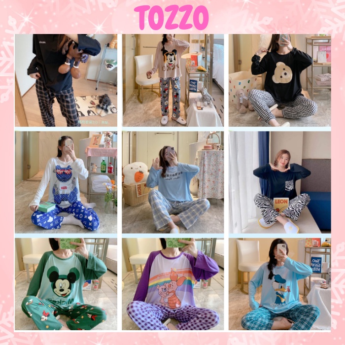 Bộ đồ ngủ nữ quần áo dài bigsize TOZZO mặc ở nhà mùa thu chất thun cotton phong cách hàn quốc dễ thương BD04