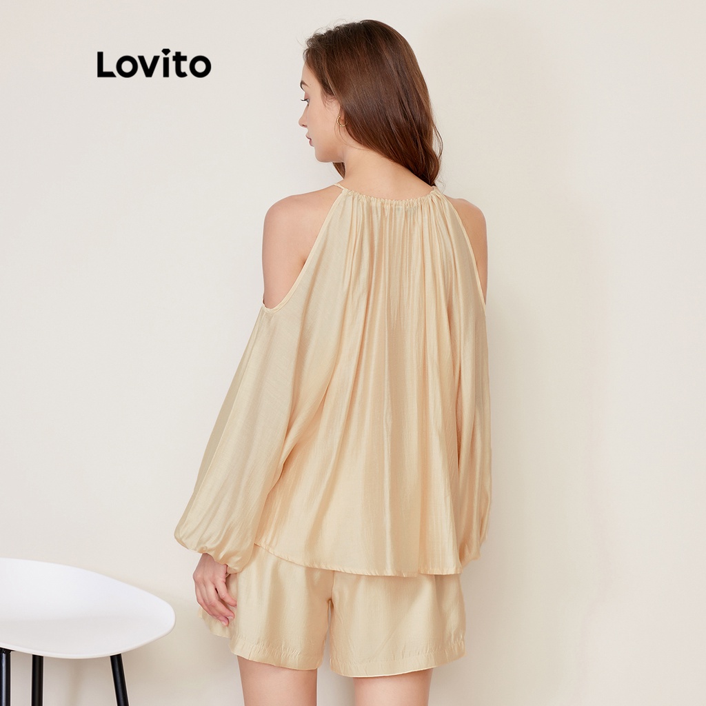 Bộ quần short Lovito Plain Cut Out Plicated Ren Up Dễ thương L27AD103 (Kaki nhạt)